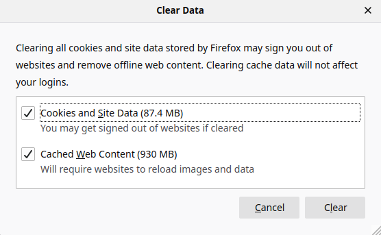 Firefox clear data pop-up