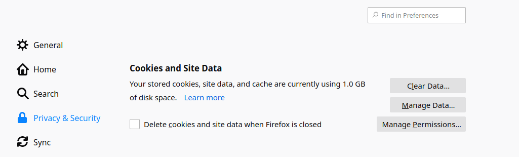 Firefox data settings